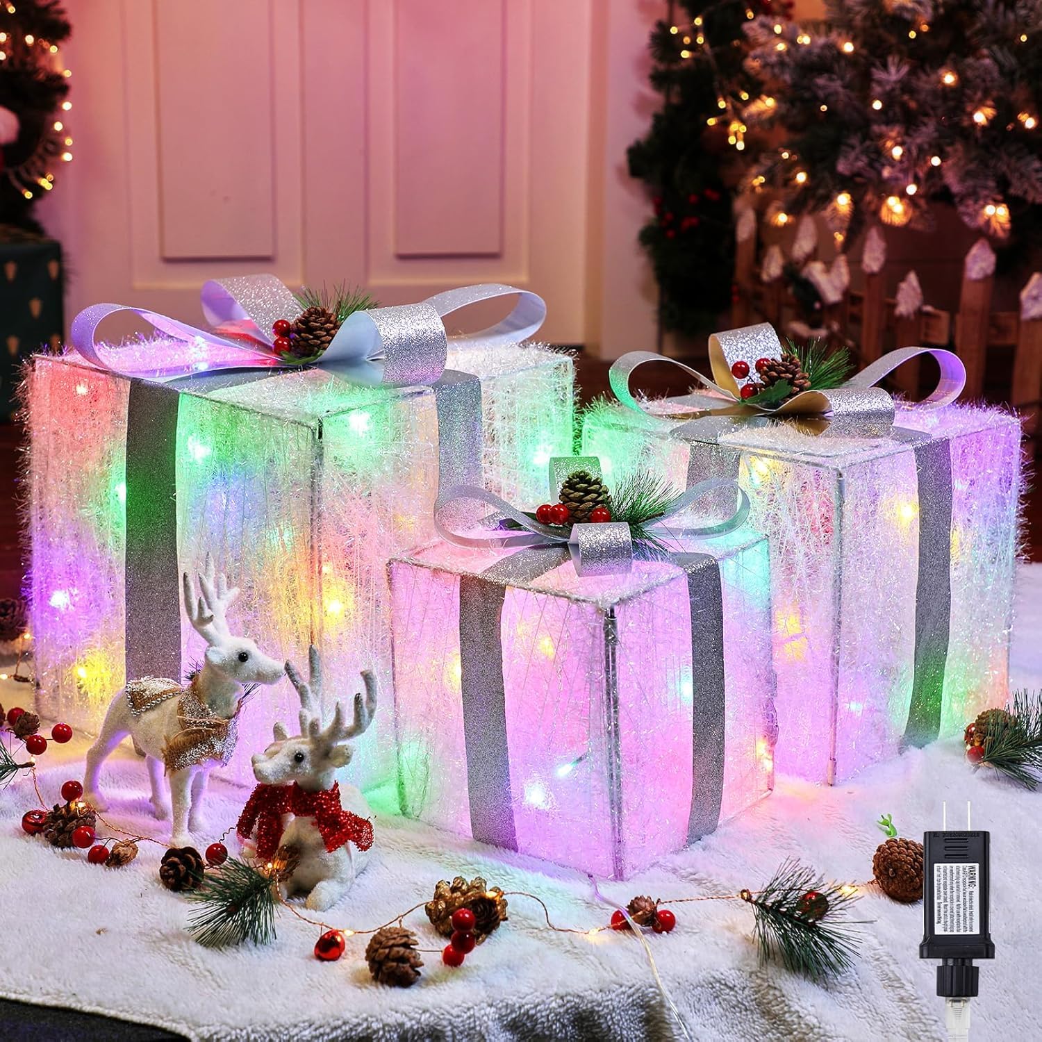Brightown 3 Pieces Lighted Gift Boxes Outdoor Christmas Decorations, 12" 10" 8" with 60 Pre-Lit Mini String Lights,Foldable LED Boxes with Bows for Tree Indoor Outdoor Party Yard Home Decor